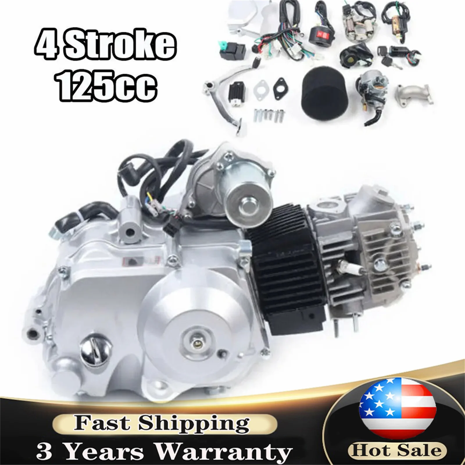 

125CC Electric Start Semi-Auto DIRT BIKE ATV Engine Kit 4-stroke & 3 Speed W/ Reverse Air-cooled For Go Kart ATV QUAD BUGGY New