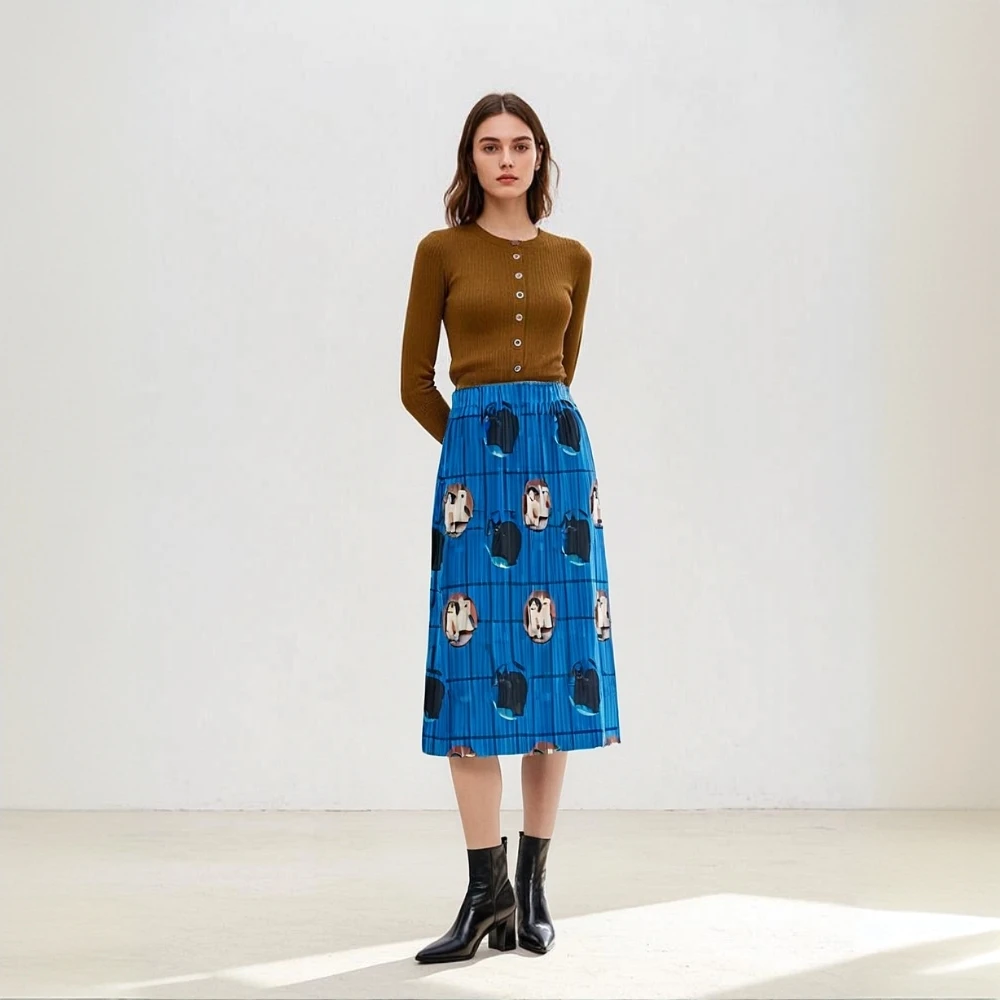 

Miyake Pleated Midi Skirt for Women's Spring and Summer New Style Printed Elastic Loose Plus Size Women's Straight Tube Skirt
