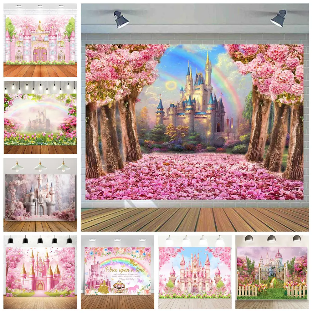 

Castle Backdrop Sping Pink Flower Baby Shower Kids Birthday Party Banner Decor Rainbow Photography Background Photo Studio Props