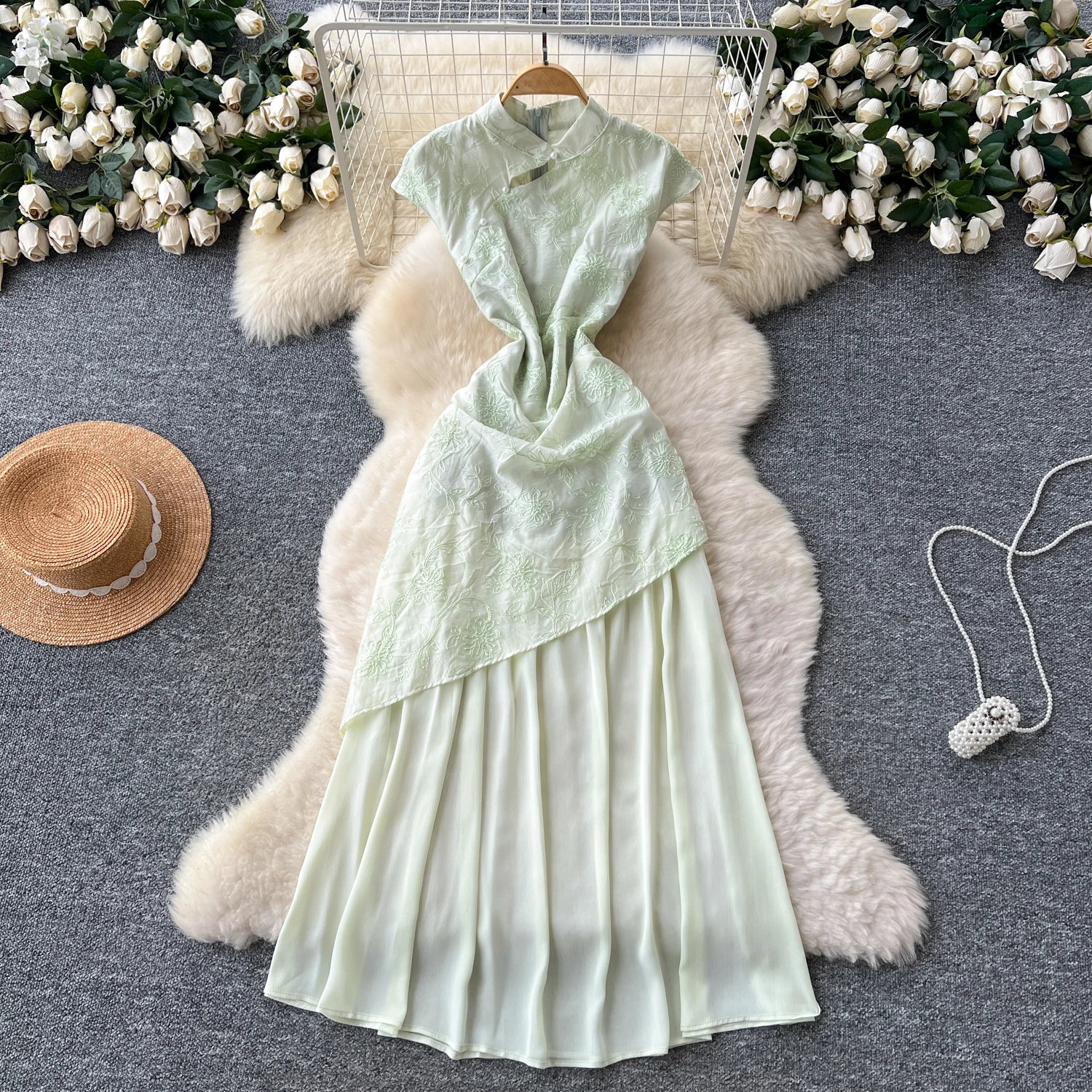 Chic jacquard asimmetrico vintage Elegante fata moda coreana Boho Prendisole abbigliamento donna Abito lungo