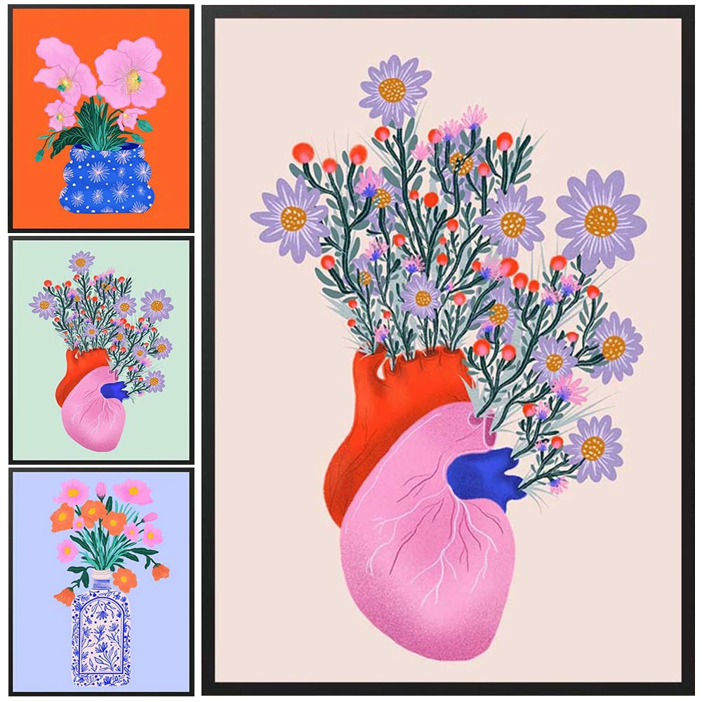 

Illustration Flower Heart Cartoon Poster Wall Art Canvas Painting Home Decor Posters Wall Pictures For Living Room Unframed