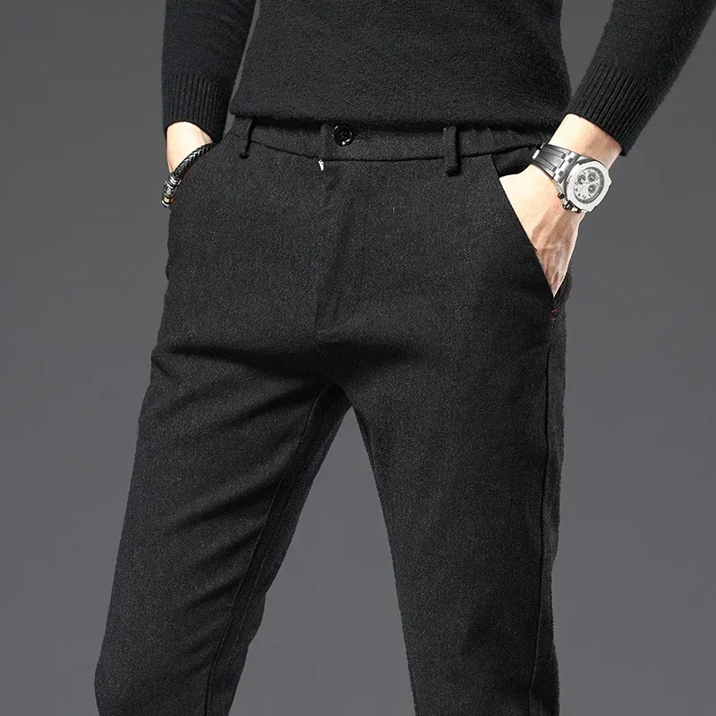 Autumn Winter New Thick Casual Pants Men Business Fashion Slim Stretch Black Blue Grey Brand Clothes Brushed Trousers Male 28-38