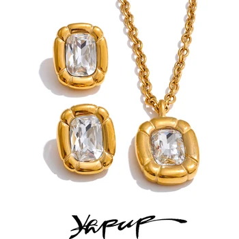 Yhpup Shiny Cubic Zirconia Rectangle Pendant Necklace Earrings Quality Gold Color PVD…