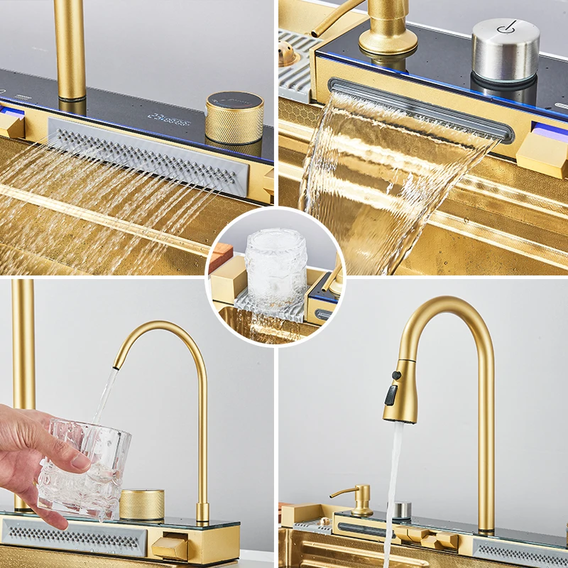 75*45cm Multifunctional Large Single Slot 304 Stainless Steel Kitchen Sink with Digital Display Waterfall