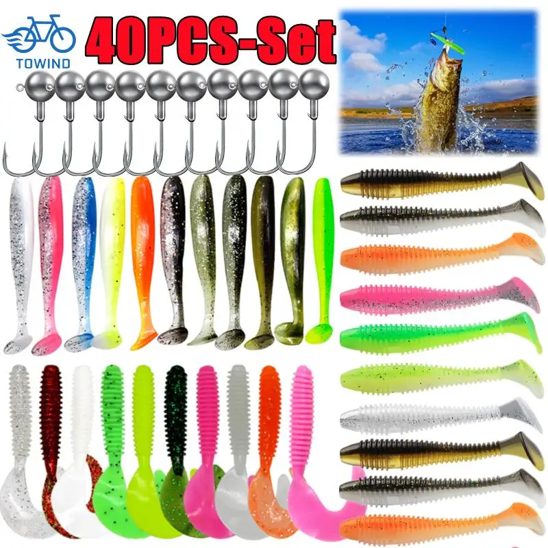 40/20/15PCS Soft Fishing Lures Kit Silicone Lure Set Artificial Bait Worm with Crank Jig Head Hooks Fishing Tackle Accessories