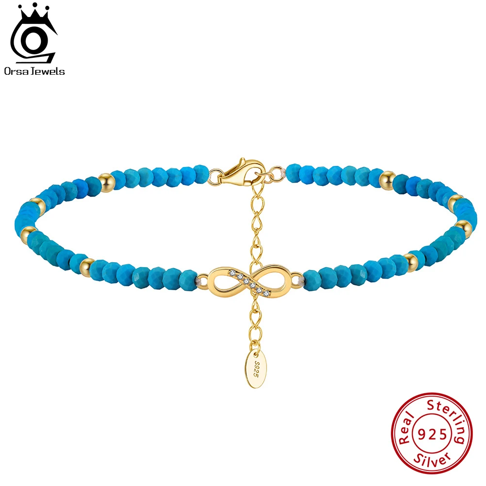 

ORSA JEWELS 925 Sterling Silver Natural Turquoise Anklet with 14K Gold Infinity Love for Women Vintage Straps Jewelry SA87