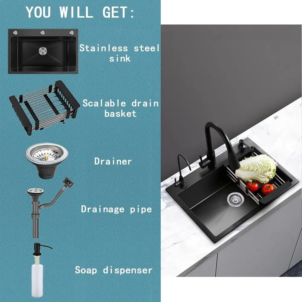 อ่างล้างจานแบบดรอปอินสีดำพร้อมที่จ่ายสบู่และตะกร้าระบายน้ำ ขนาด 19.7x17.7x7.9 นิ้ว
