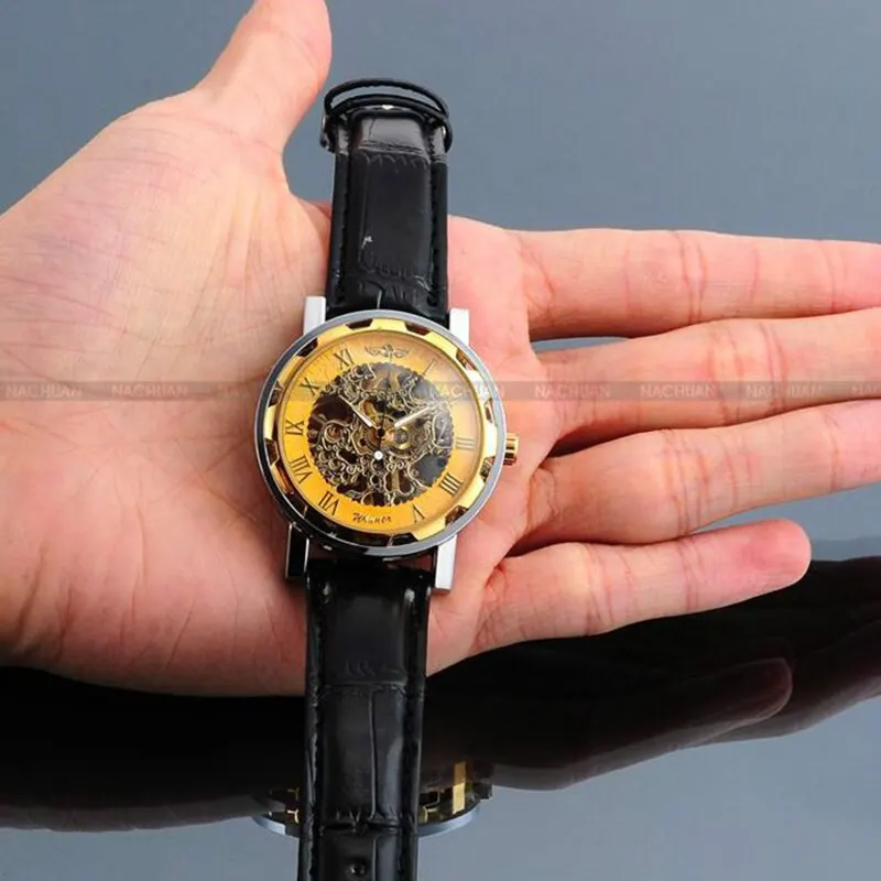 Reloj mecánico de hombre con correa de cuero negro, reloj mecánico esqueleto de acero inoxidable a la moda de lujo de 1 unidad para negocios