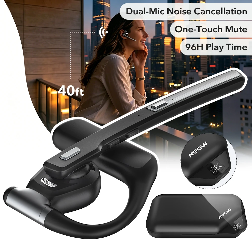 Mpow A6 Bluetooth 6.0 Headset with Microphone 96-Hour Open Ear Noise Canceling Wireless Earpiece Mute Button for Trucker Office