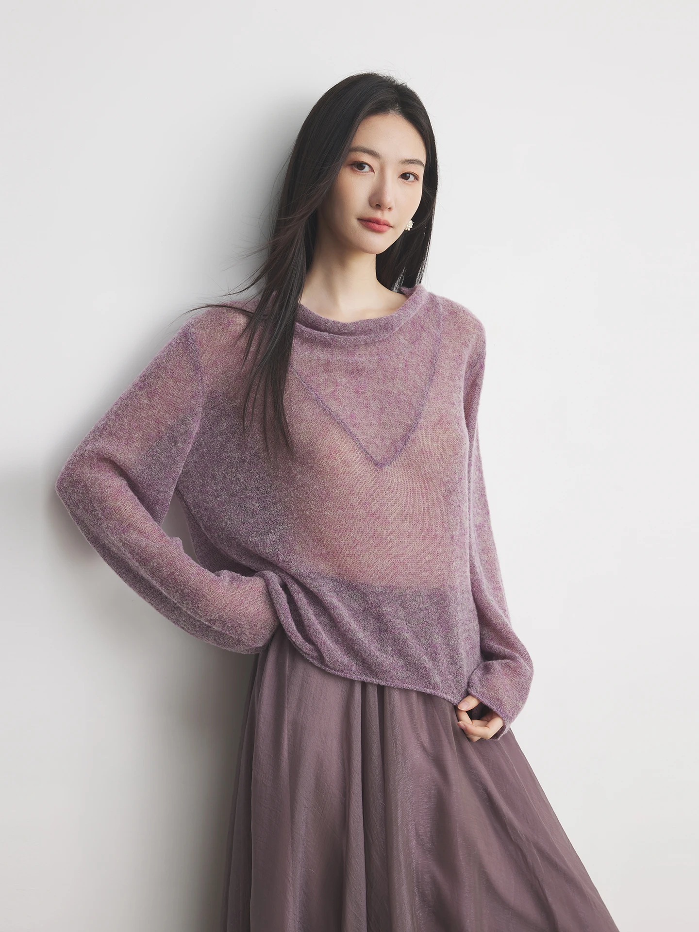 

Annata Soft Comfortable Purple Woolen Knitted Top Women's Thin Early Spring Faionable Commute Straight Tube Long Sve
