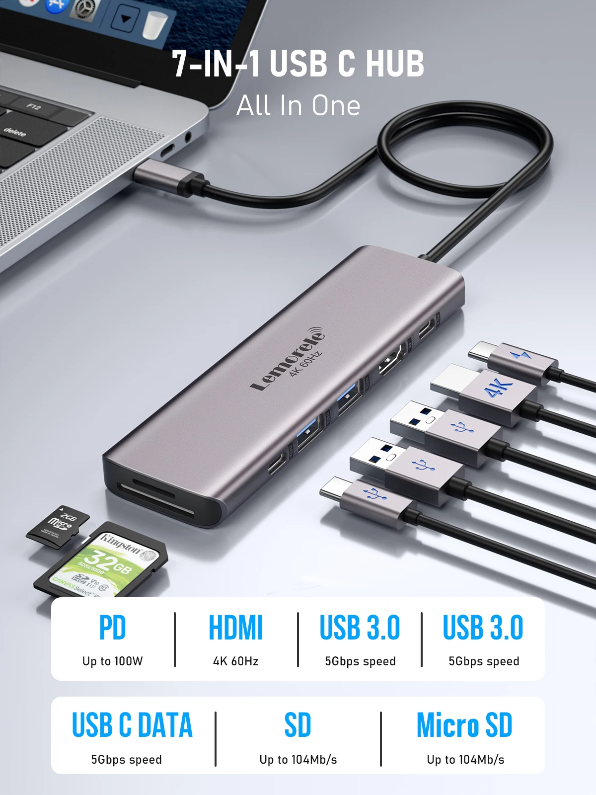 Lemorele TC45 7 Porte USB a HDMI 4K 60Hz Docking Station USB C HUB Tipo-C Adattatore USB PD100W SD TF Per MacBook Air Pro iPad Pro