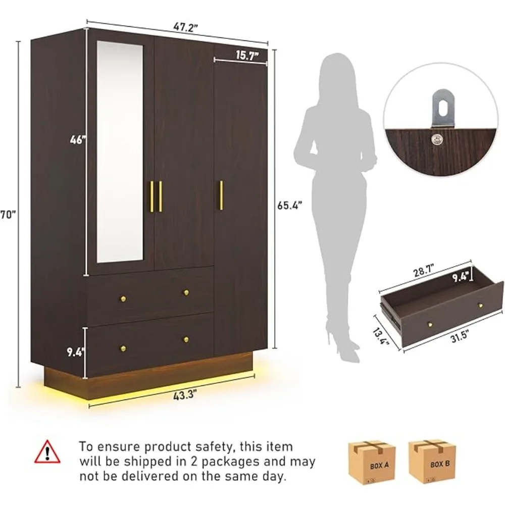 3 Doors Armoire Wardrobe Closet with Mirror, LED Armoire with Doors and Drawers, Wooden Armoire Storage Cabinet with Hanging Rod