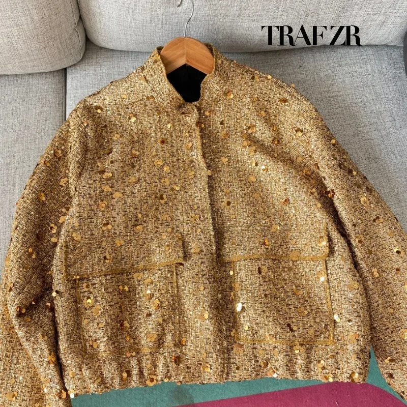 TRAF ZR High Quality Luxury Sequins Bomber Jacket Y2k Streetwear Vintage New in Coats and Jackets for Women 2024 Outerwear