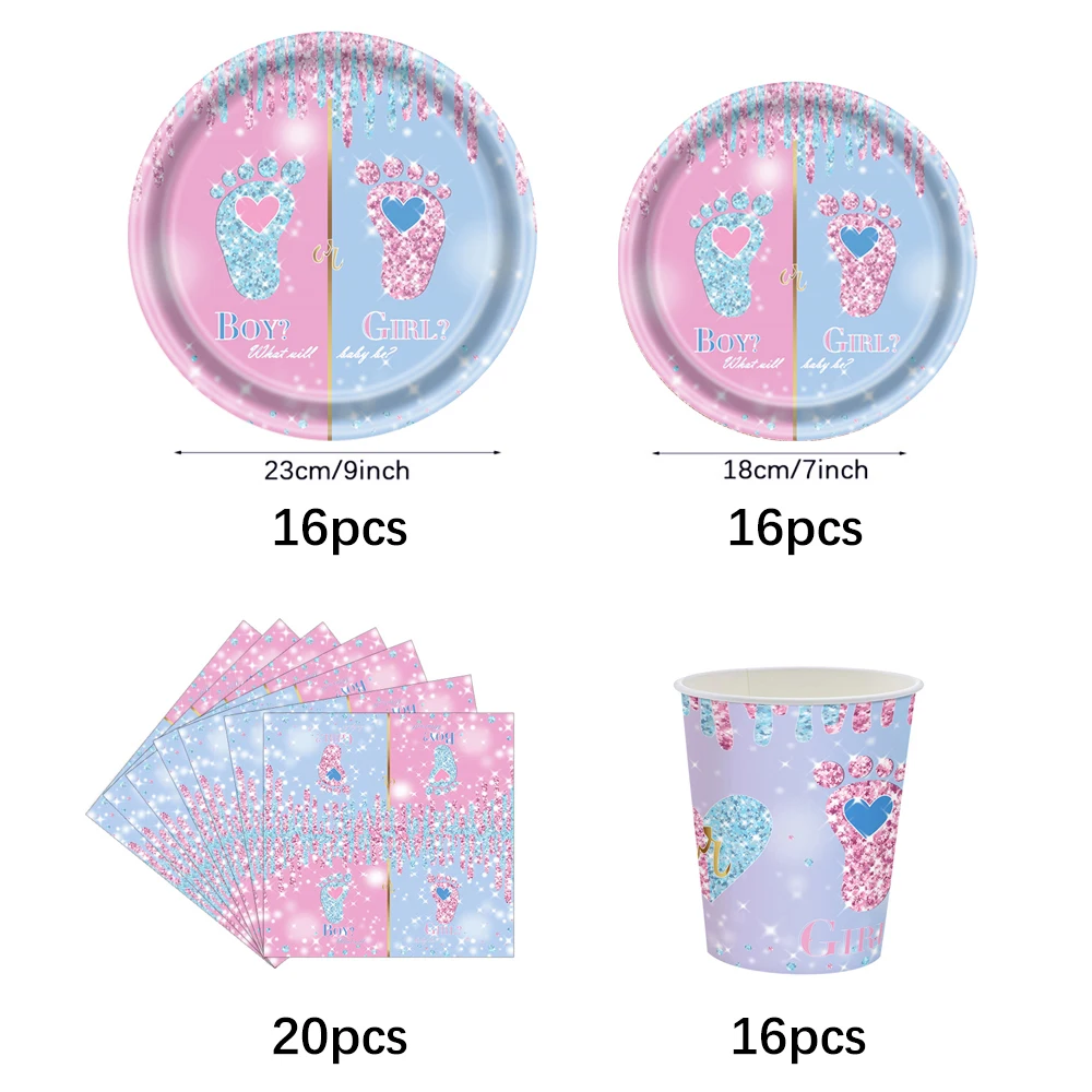 Geschlecht offenbaren Party Einweggeschirr Junge oder Mädchen Pappteller Tassen Servietten Babyparty Rosa Blau Baby Party Tischdekoration – Detail 2