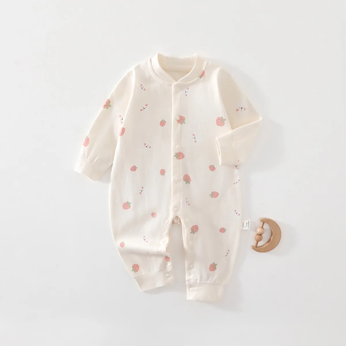 Newborn Baby Long Sleeve Romper Soft Pure Cotton Onesie with Strawberry Print Unisex 0-18M Breathable Spring Autumn Sleepwear