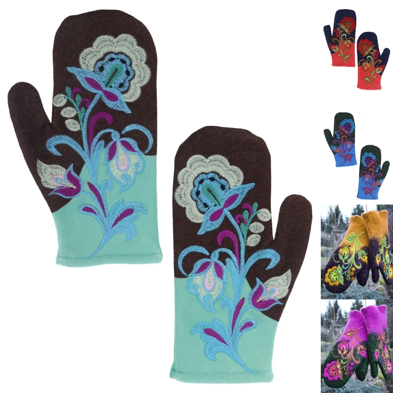 Women Windproof Faux Cashmere Warm Gloves Winter Cold Weather Thicken Thermal Warm Floral Embroidery Full Finger Mittens