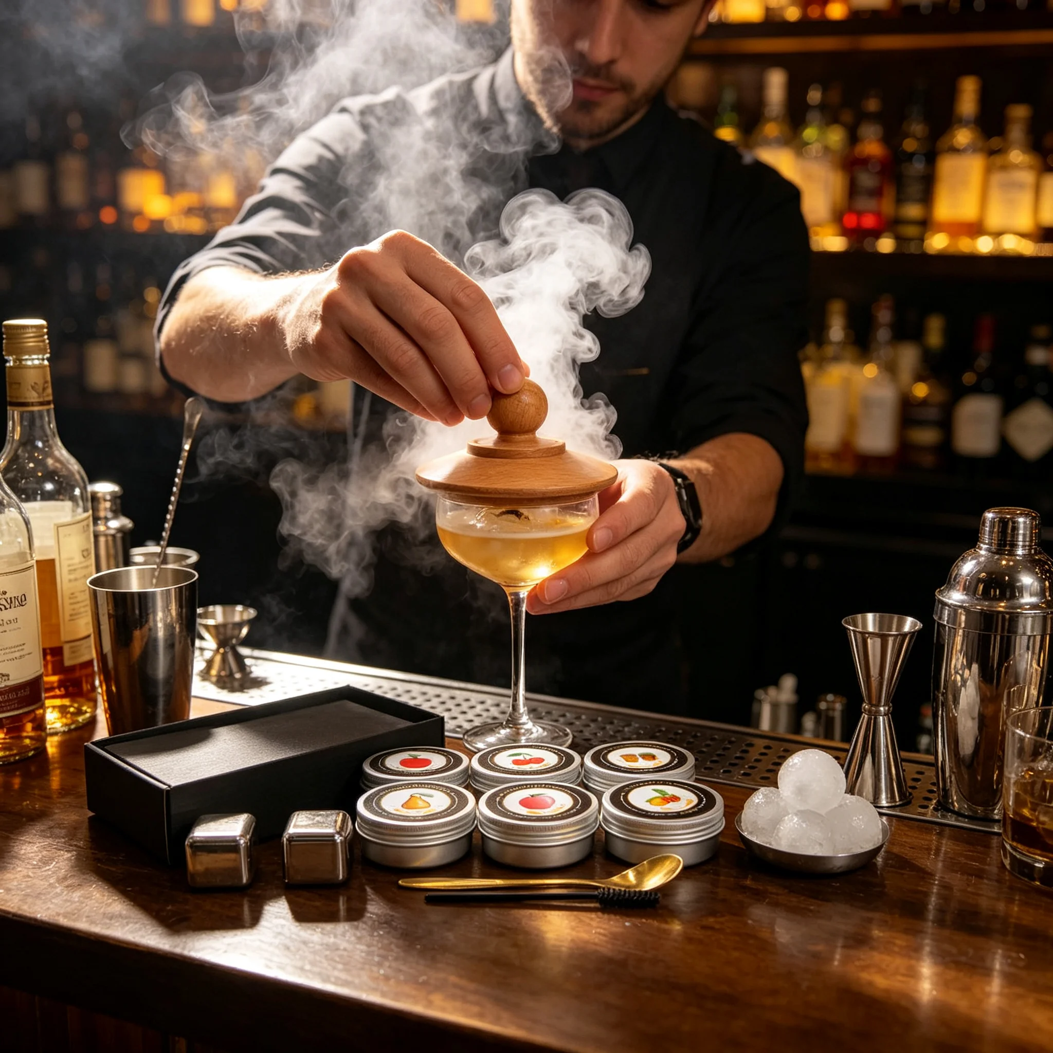 Cocktail Smoker Kit With 4 Kinds Wood Chips Flavors 2 Ice Wine Stones Wooden Smoker Hood For Old Fashioned Whiskey Drink Infuser