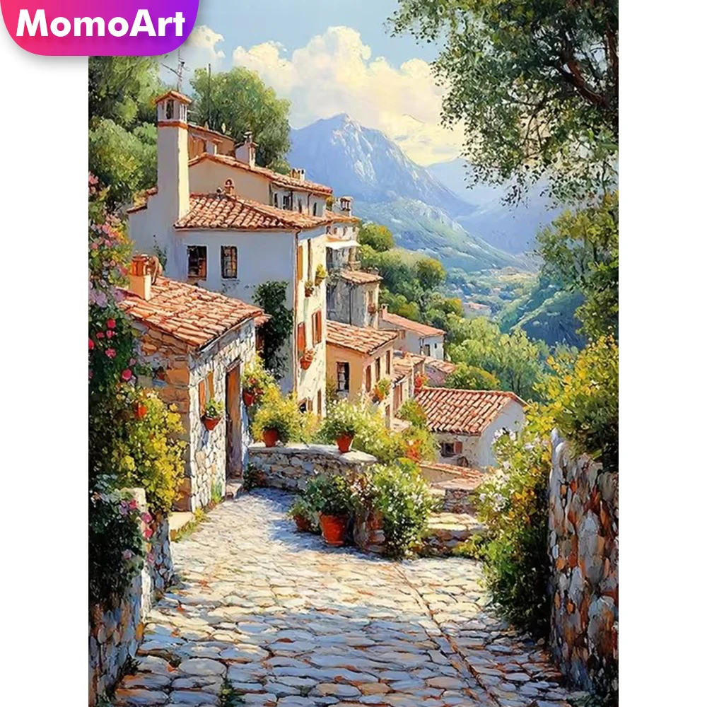 Momoart Diamant-Stickerei Dorflandschaft Strass-Bild Mosaik-Haus Neuerscheinung Gemälde Berg Baum Heim-Dekoration