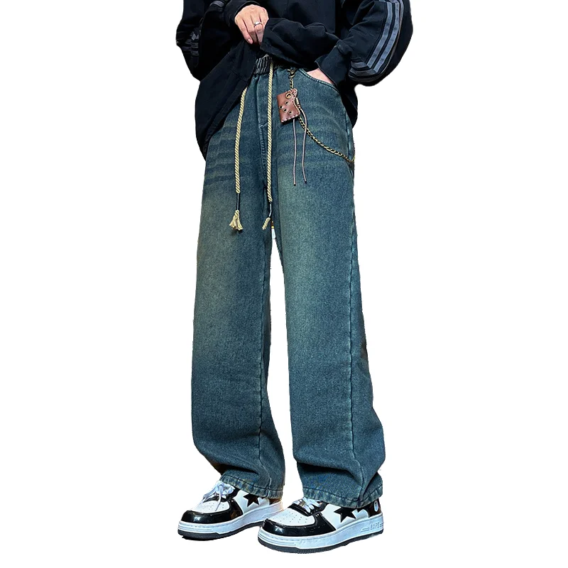 

Men's Cotton Flannel-Lined Jeans Autumn and Winter Heavyweight Cotton Blend Warm Loose Straight-Leg Men's Denim Trousers