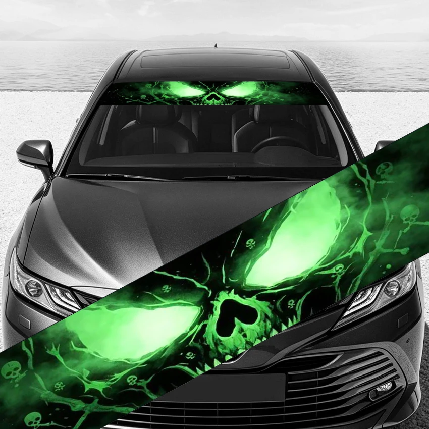 Radioactive Skull Windshield Sun Visor Strip, Neon Green Horror Skull Car Front Windshield Banner Decal, Auto Racing Style