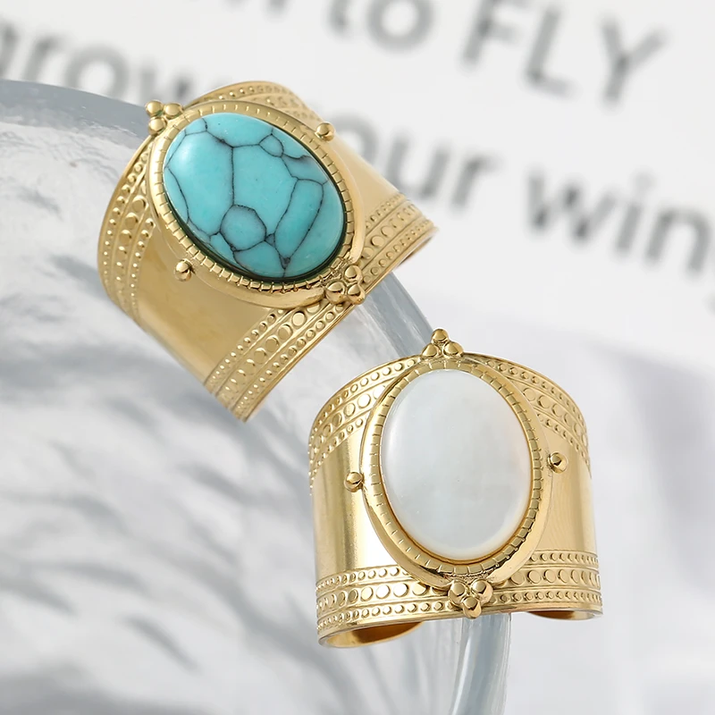 Stainless Steel Rings Green Natural Turquoise Open Rings for Women Golden 14K Plated Wide Ring Trendy Female Jewelry 2022 Luxury