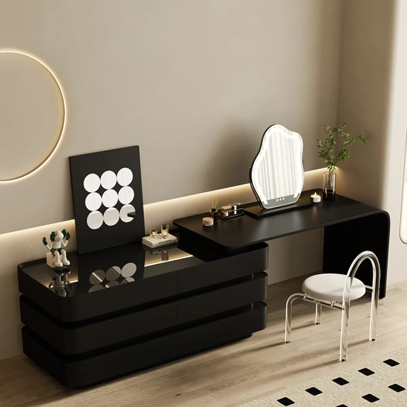 

Black Dresser Chest of Drawers Integrated Makeup Table Minimalist Bedroom Advanced Light Luxury Solid Wood