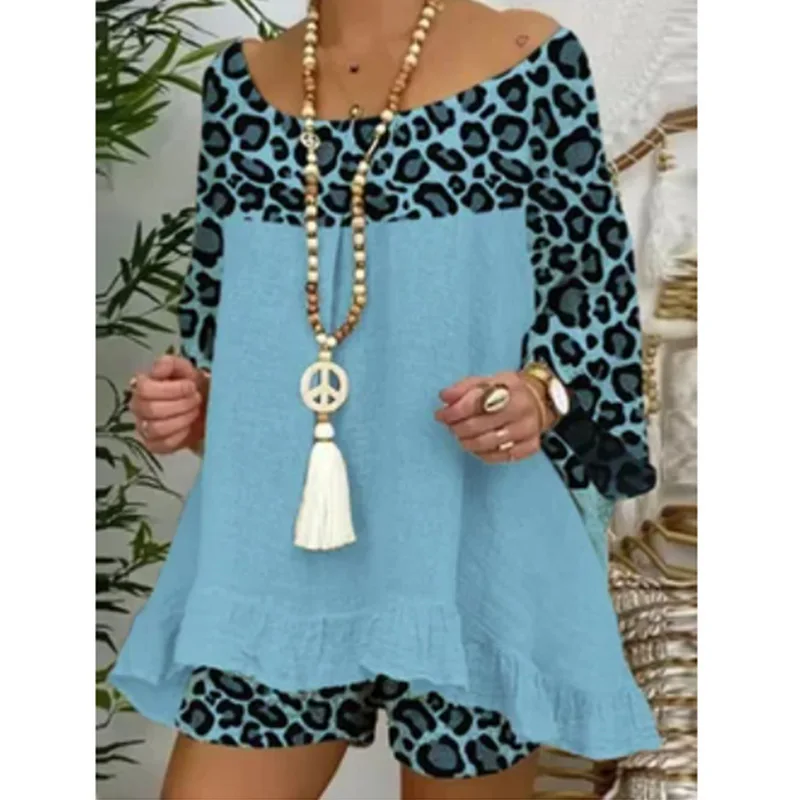 

Новая модная рубашка с рукавами «летучая мышь» + шорты, комплекты из двух предметов, женские летние повседневные свободные шорты с леопардовым принтом, комплект для женщин