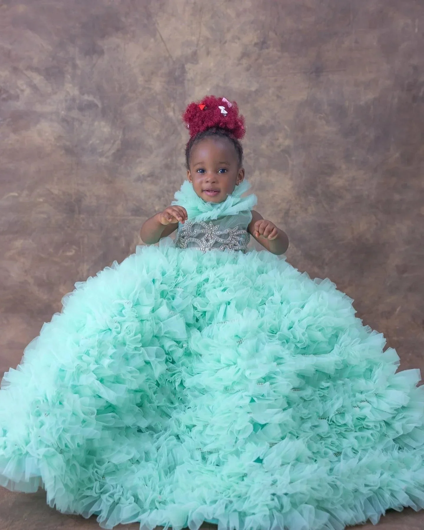 Robes de soirée d'anniversaire personnalisées vert menthe pour filles, robes de demoiselle d'honneur à col haut, volants, bébé, enfants, boule, tout pour séance photo