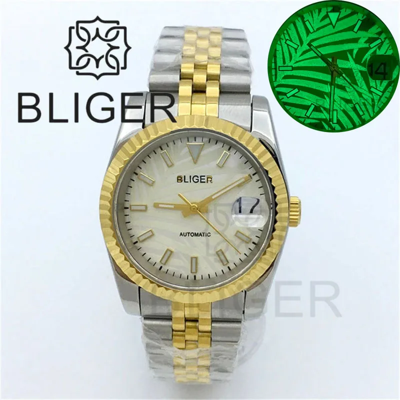 

BLIGER Palm Dial Super Green Luminous 36mm/39mm NH35A Watch For Men Two Tone Gold Jubilee Bracelet Fluted Bezel Sapphire Crystal