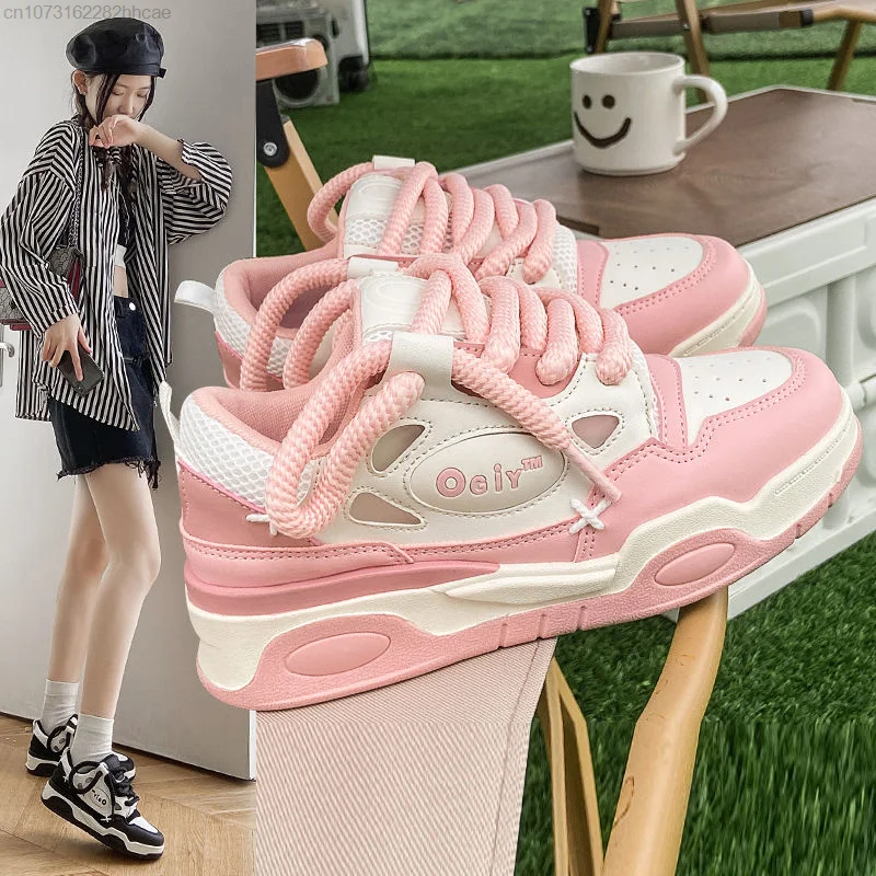 New INS Shoes Y2k Cute Pink Casual Sneakers Korean Stylish Thick Platform Heels Board Shoes Women\'s Trendch Grunge Streetwear