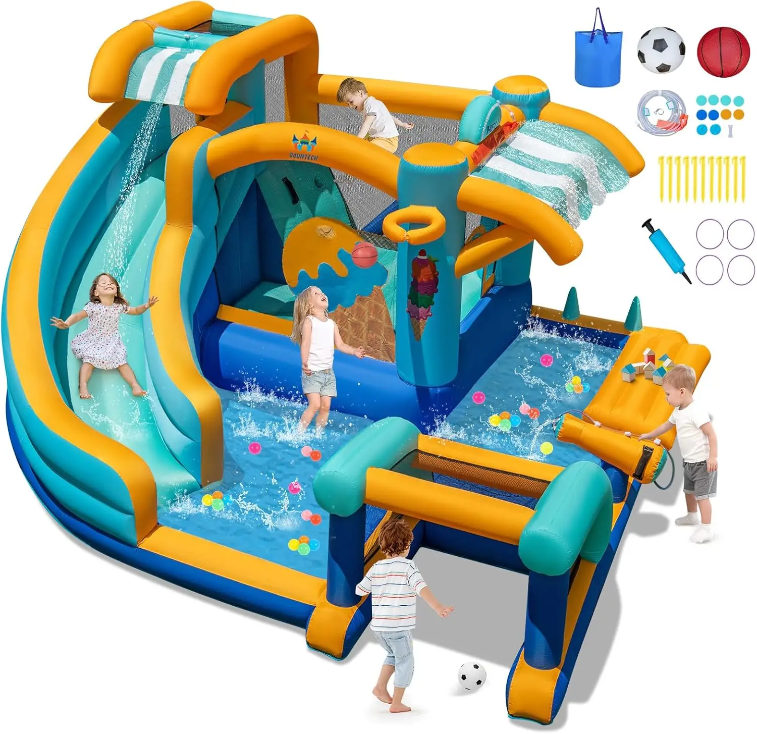 

Water Slide Bounce House for Kids Ages 3-12 with Inflatable Pool, Football Goal & Basketball Hoop, Large Outdoor Indoor Bouncy Castle