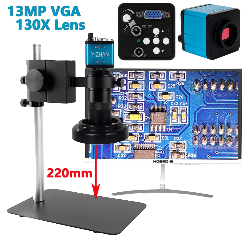 13MP VGA 60FPS videocamera monoculare per microscopio 1080P + obiettivo 130X C-mount luce LED regolabile per saldatura di riparazione dell\'orologio