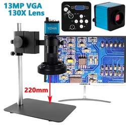 13MP VGA 60FPS videocamera monoculare per microscopio 1080P + obiettivo 130X C-mount luce LED regolabile per saldatura di riparazione dell'orologio del telefono