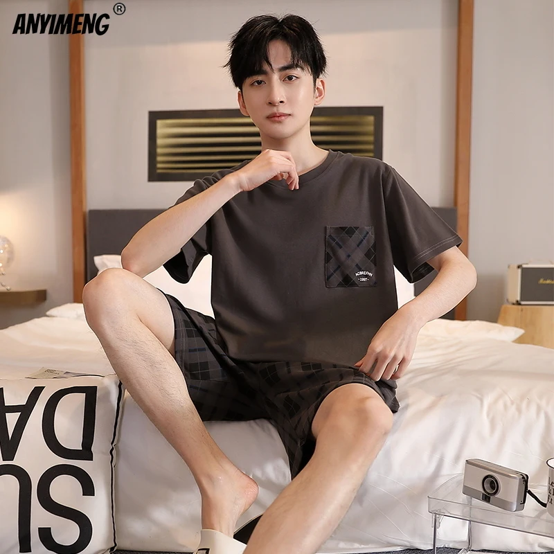 Summer Cotton Men Pajamas Set L-5XL Casual Sleepwear Fashion Boys Nightwear Minimalist Style Shorts Leisure Homewear Pijamas