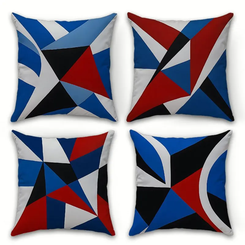 Abstract Geometric Pillow Covers, Red Blue Black Triangle Circle Art Throw Pillow Cases, Contemporary Home Decor Cushion Covers