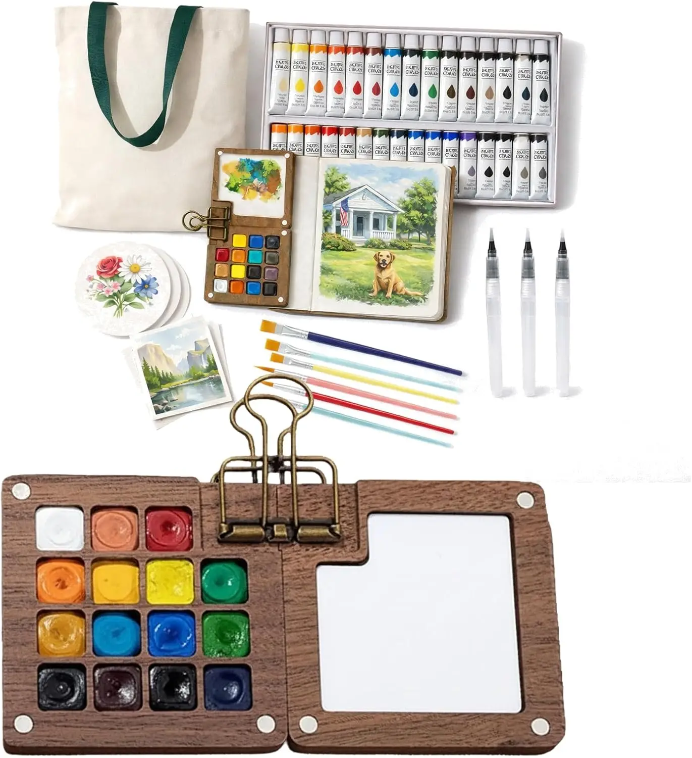 

Portable Mini Watercolor Painting Set – Compact Travel-Friendly Kit with Watercolor Brushes, Watercolor Palette, Mini S