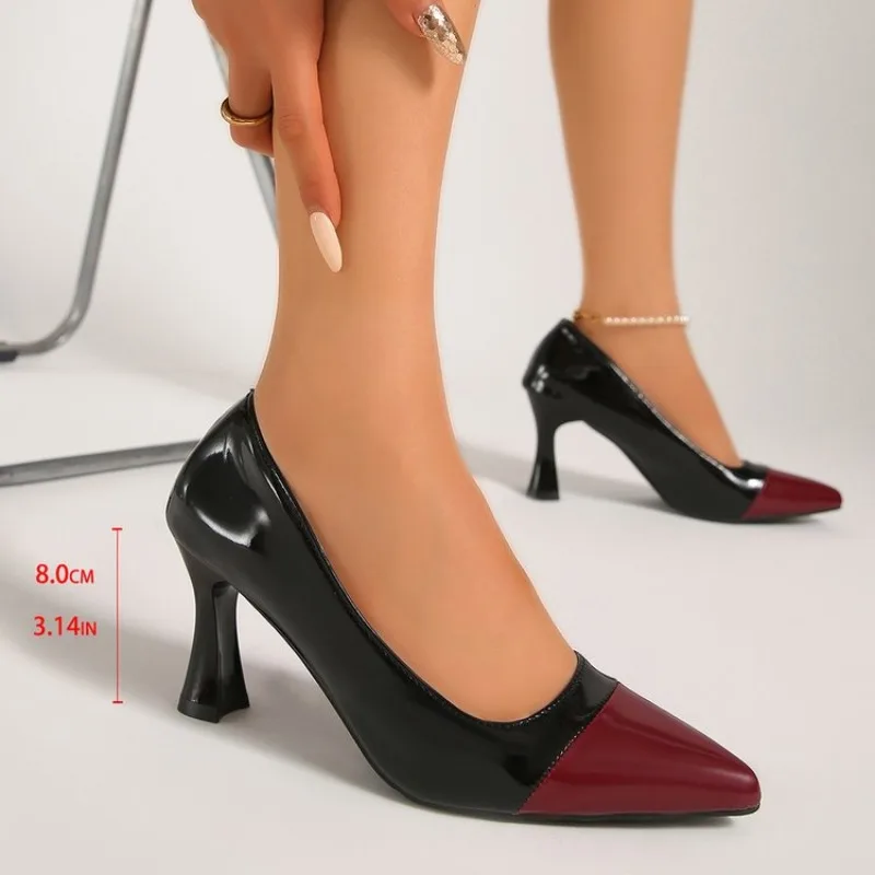 

8cm Super High Heels Patent Leather Sexy Red Sole Pointed Thin Single Shoes High Heels Women Thin Heels Pointed New Plus Siz 43