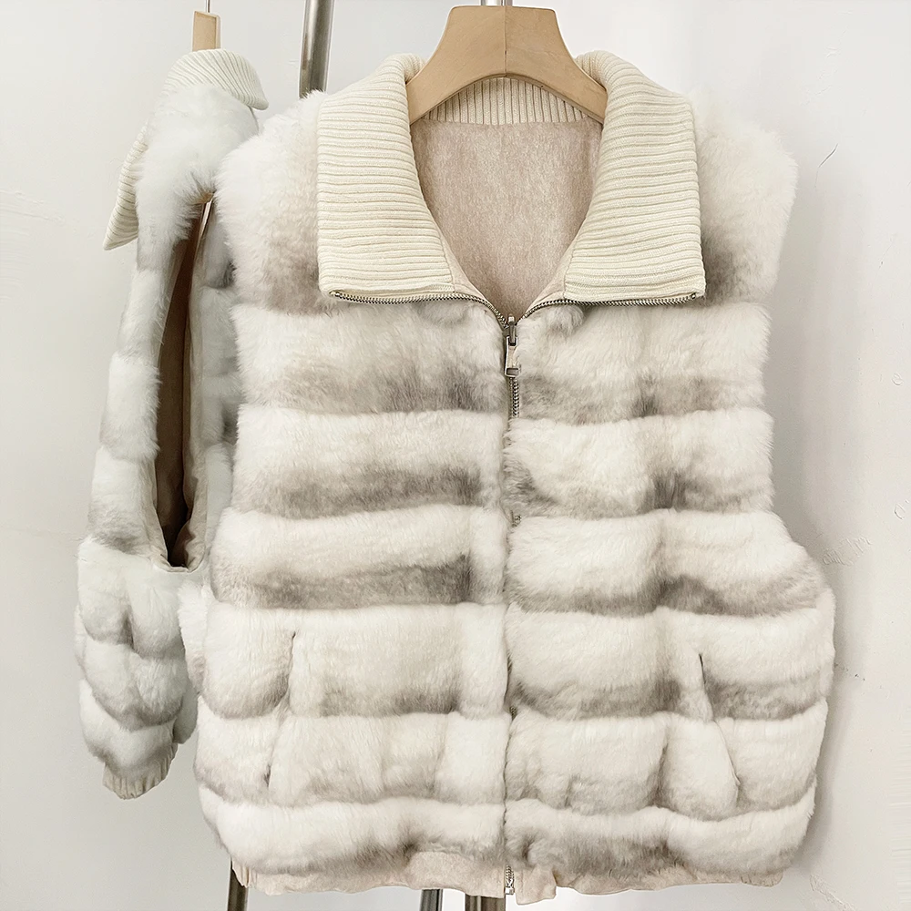 Women's Fur Coat Oversized Stand Collar Fur Vest Sleeveless Zip Closer natural fur coat Chic Cold Season Outerwear for Ladies