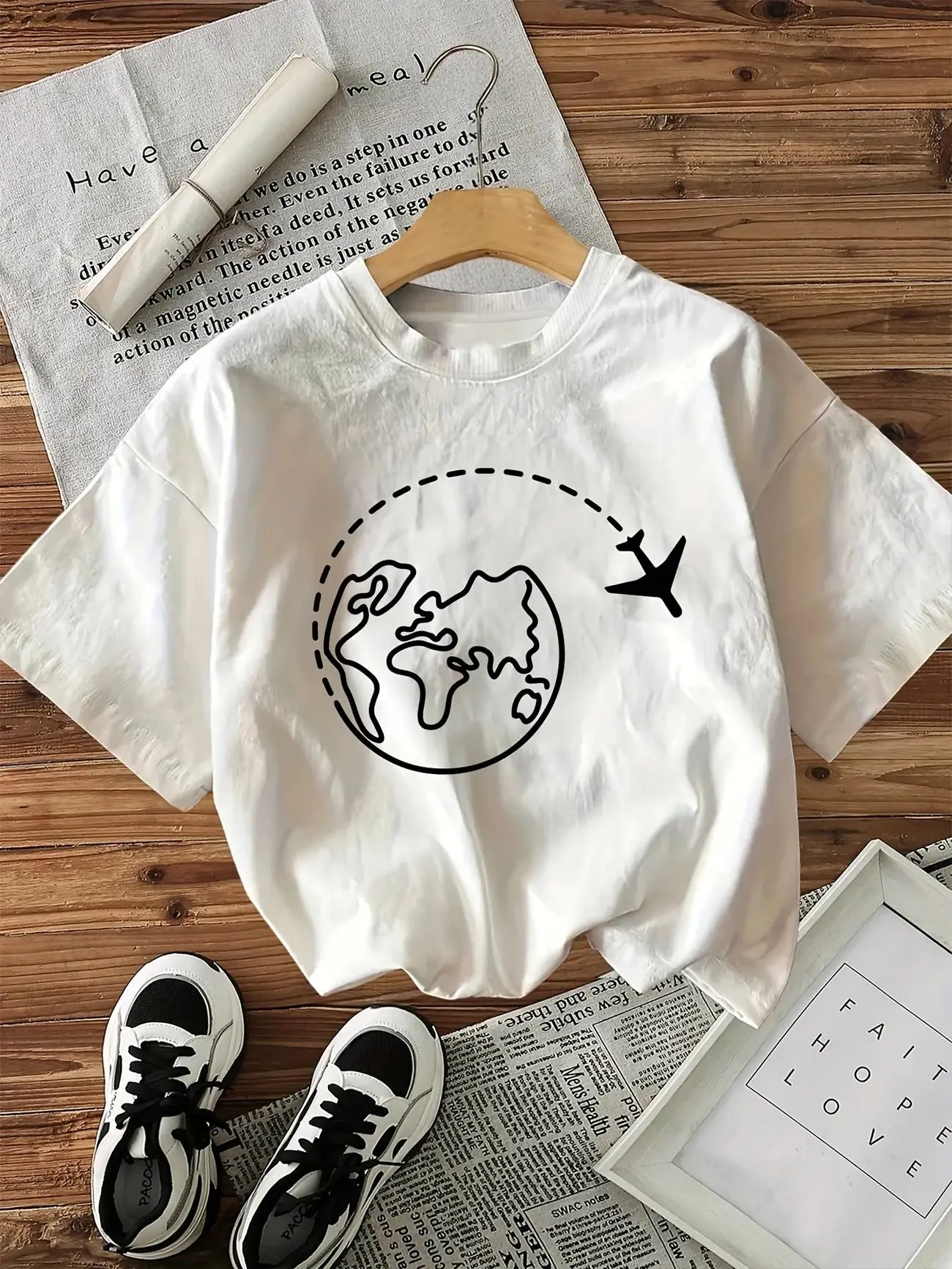 

Plus - Size Travel - themed Graphic Tee, White Short - Sleeve with Globe & Plane Print