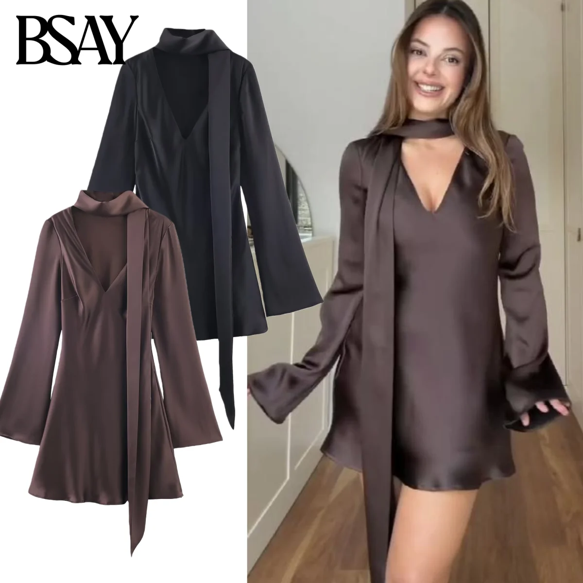 Sukienka damska BSAY z satynową teksturą, modna na jesień i zimę, nowość 2025, długi rękaw, dekolt w serek, francuska sukienka wieczorowa.