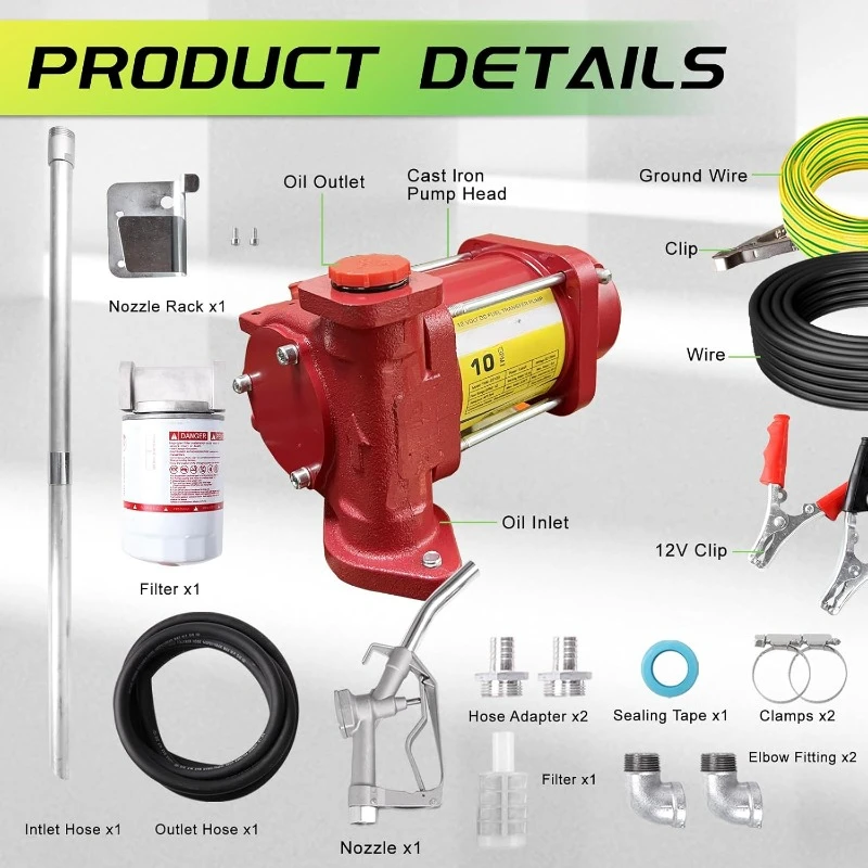 12V Fuel Transfer Pump w/Manual Nozzle, 10 GPM High Flow DC Diesel Transfer Pump, Gas Heavy Duty Transfer Pump with for Gasoline