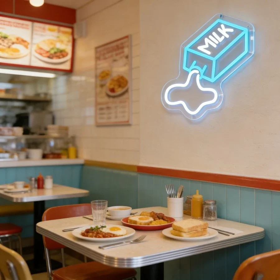 Milk Box LED Neon Sign Dimmable Wall Light for Kitchen Dining Room Cafe Kids Room Nursery Breakfast Store Cake Shop Home Decor
