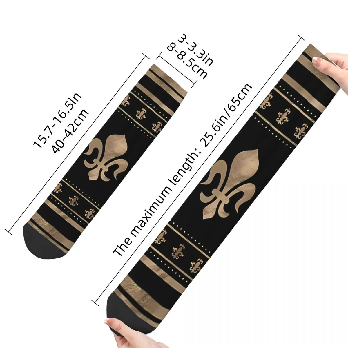 Men\'s Socks Luxury Ornament Black And Gold Vintage Fleur De Lis Hibiscus Flower Harajuku Casual Crew Sock Gift Pattern Printed