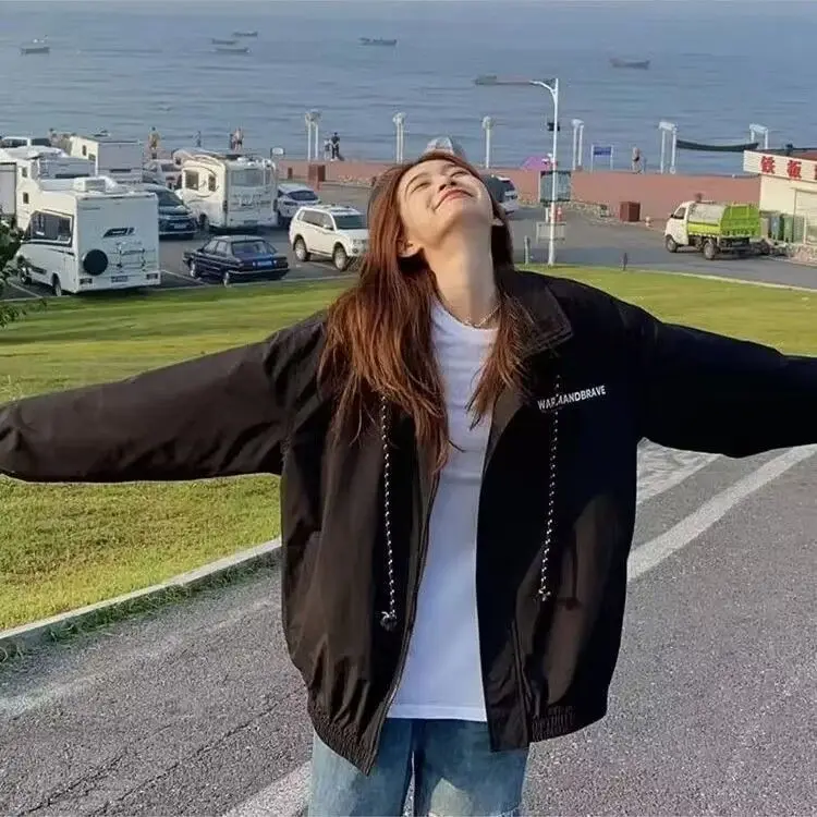 

Denim Jackets Korean Popular Women's Clothes Embroidery Racing Patches Bomber Varsity Stripe College Style Button Youth Spring