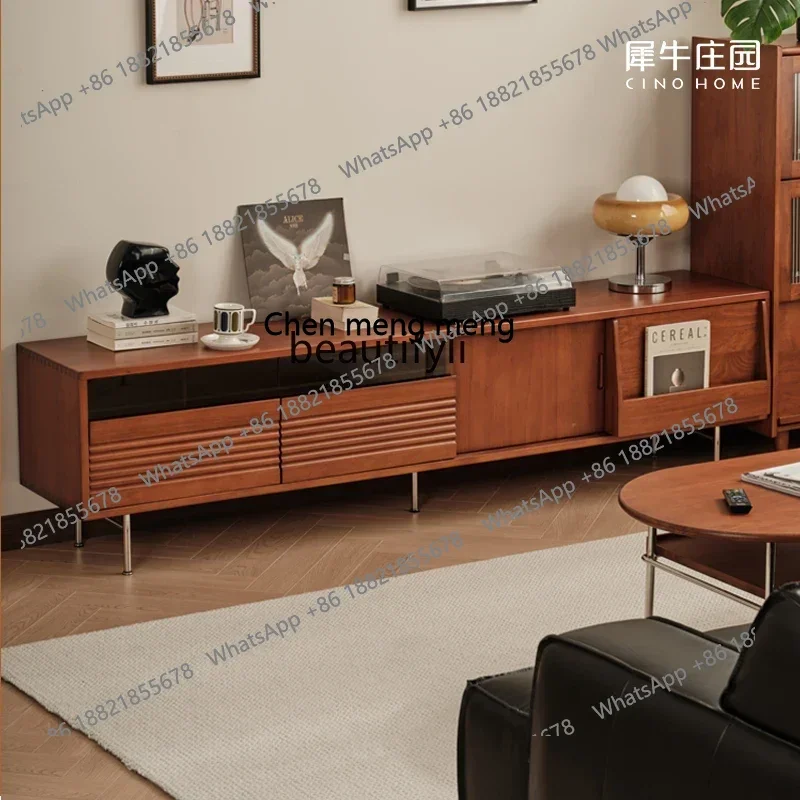 xzSolid wood TV cabinet floor-to-ceiling retro living room home storage locker, TV table