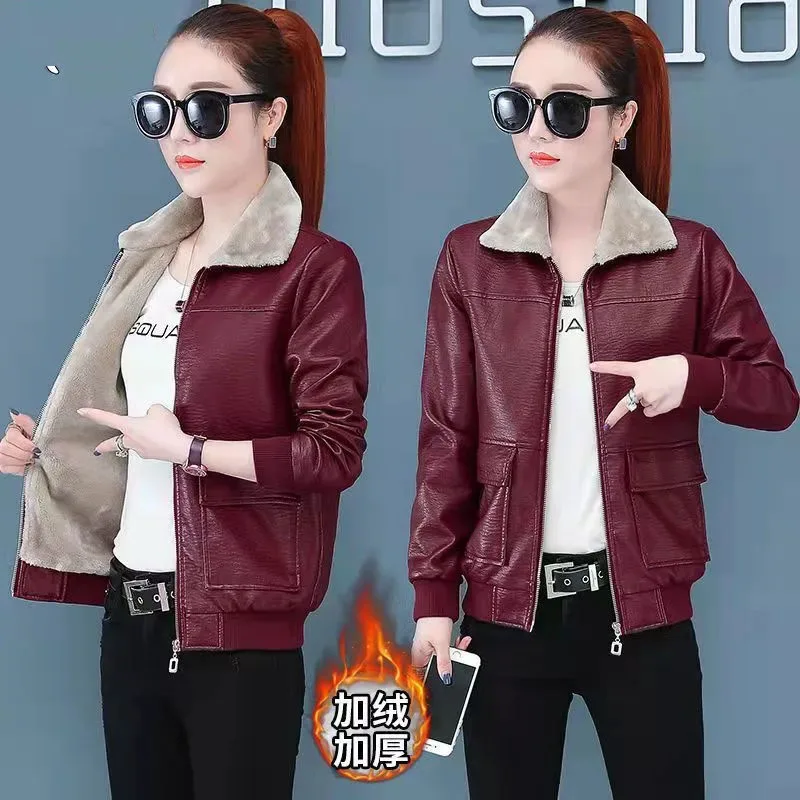 2022 neue Frauen Pu Leder Wolle Mantel Winter Casual Schwarz Moto Biker Jacke Warme Pelz Leder Drehen-Unten Kragen zipper Streetwear