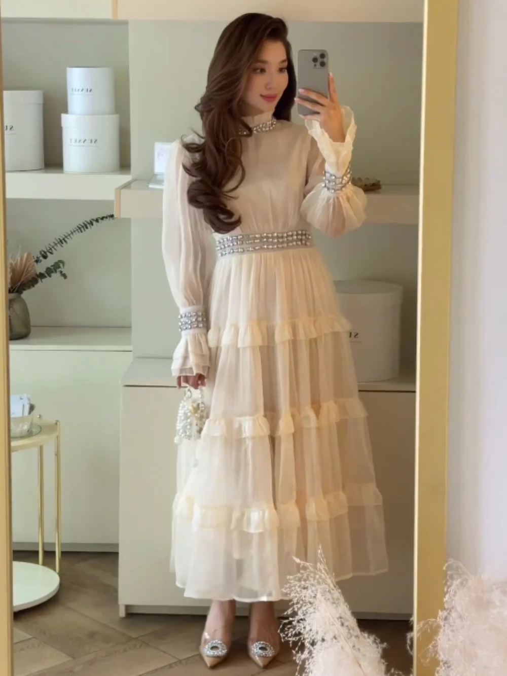 

Customized Chinese Style Net Pleat A-line High Collar Midi Dresses Prom Dresses Classic Exquisite Modern Style Pastrol Unisex Fo