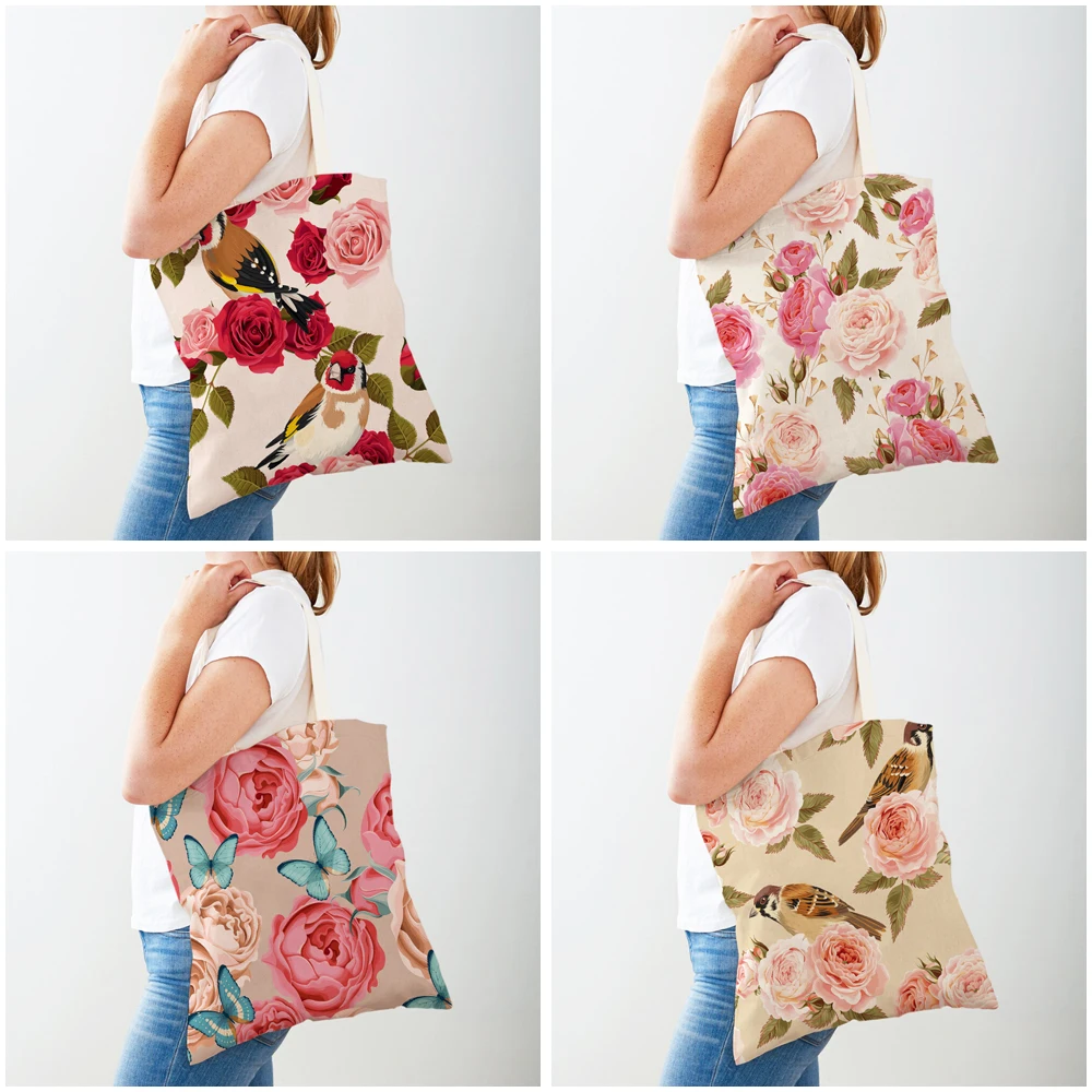 Bolsa de compras feminina de ambos os lados, desenho animado, rosa, floral, pássaro, bolsa reutilizável, planta, flor, estampa, casual, sacola de compras de lona