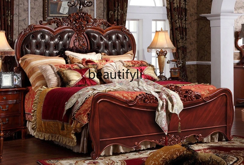 

American light luxury leather bed atmospheric wedding bed European master bedroom solid wood carving flower, double bed