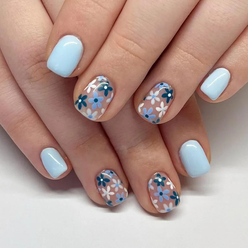 24 قطعة رئيس مربع قصير اضغط على الأظافر الأخضر بسيط زهرة العشب تصميم الأظافر كاذبة انفصال الانتهاء من غطاء كامل وهمية مسمار تلميح #4